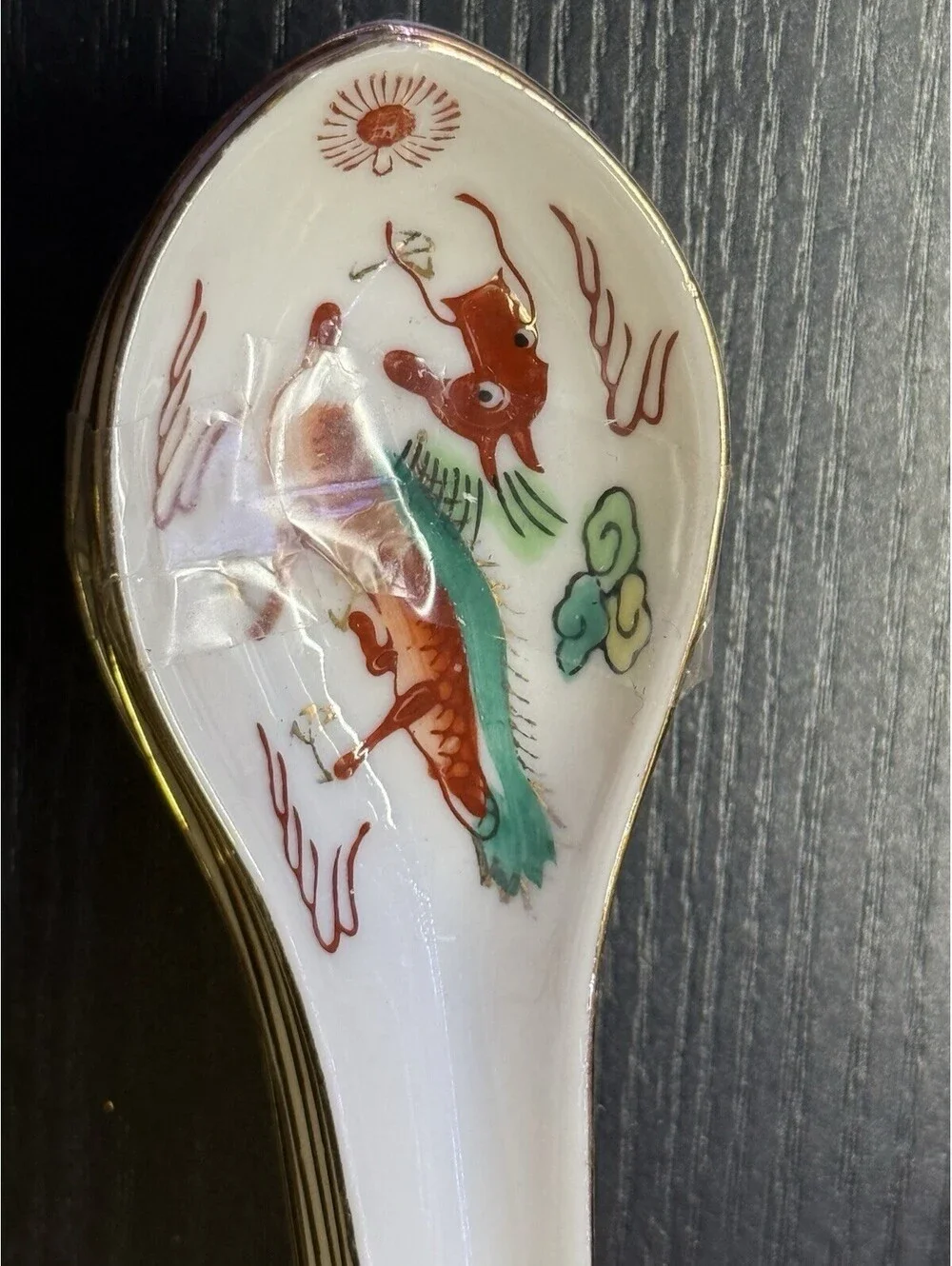 Vintage Chinese Porcelain Soup Spoons Set of 7 Dragon Gold Trim 6” Asian